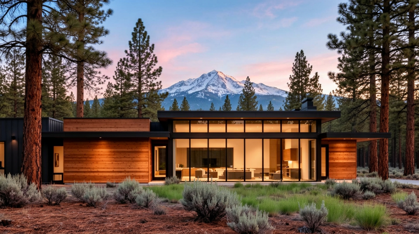 Mountain-modern home in Bend, Oregon with ponderosa pines and Cascade mountain views